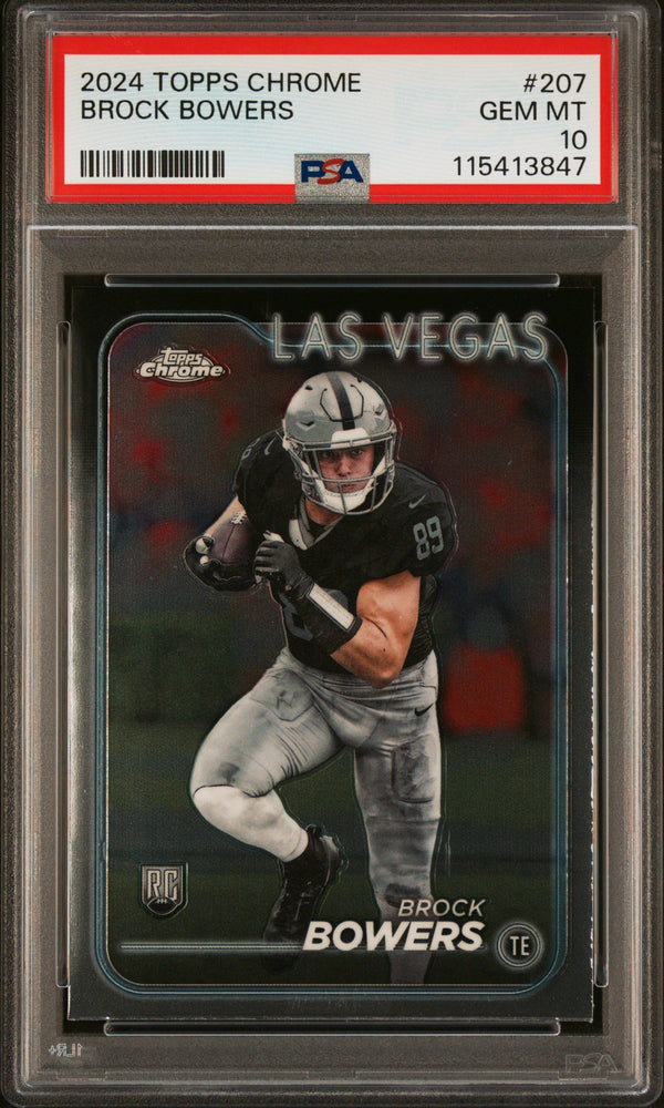 Graded 2024 Topps Chrome Brock Bowers #207 Rookie RC Football Card PSA 10 Gem Mint (ONLINE ORDER ONLY)