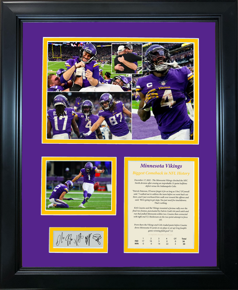 Framed Minnesota Vikings NFL Record 33 Point Comeback Facsimile Laser Engraved Signature Auto 11"x14" Photo Sig Collage (ONLINE ORDER ONLY)