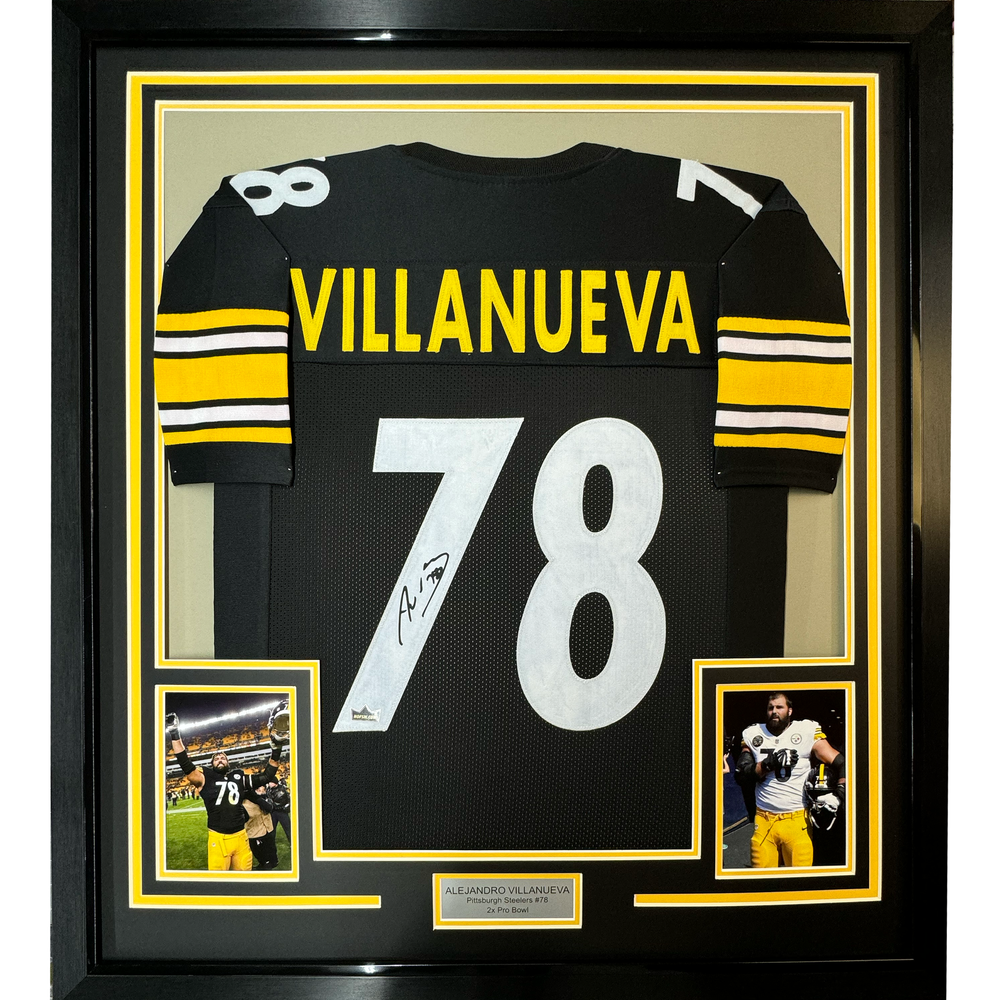 Framed Facsimile Autographed Alejandro Villanueva 35x39 Pittsburgh Black Reprint Laser Auto Football Jersey (ONLINE ORDER ONLY)