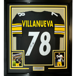 Framed Facsimile Autographed Alejandro Villanueva 35x39 Pittsburgh Black Reprint Laser Auto Football Jersey (ONLINE ORDER ONLY)