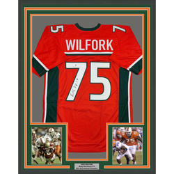 Framed Autographed/Signed Vince Wilfork 35x39 Miami Orange College Football Jersey Beckett BAS COA
