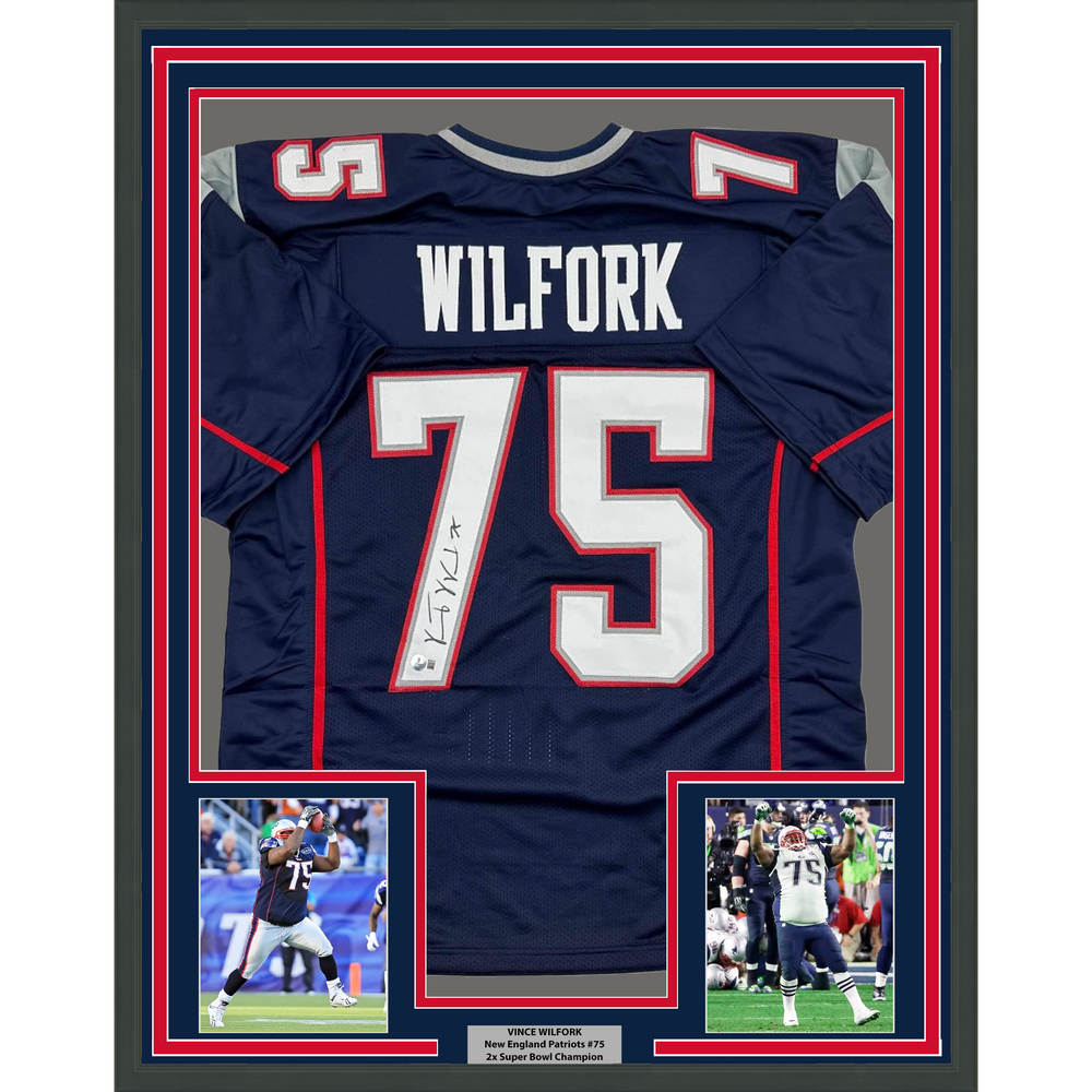 Framed Autographed/Signed Vince Wilfork 35x39 New England Blue Football Jersey Beckett BAS COA (ONLINE ORDER ONLY)