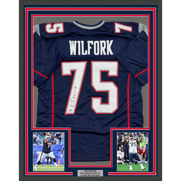 Framed Autographed/Signed Vince Wilfork 35x39 New England Blue Football Jersey Beckett BAS COA (ONLINE ORDER ONLY)