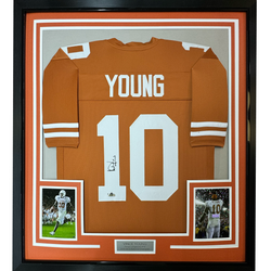 Framed Facsimile Autographed Vince Young 35x39 Texas Orange Reprint Laser Auto College Football Jersey (ONLINE ORDER ONLY)