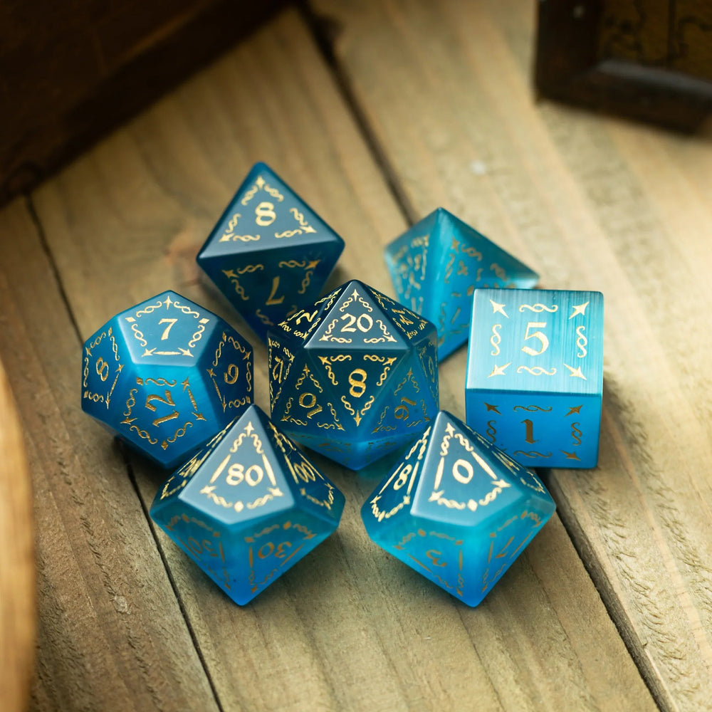 Vine Spike Gemstone Blue Cats Eye Stone DND Dice Set (ONLINE ORDER ONLY)