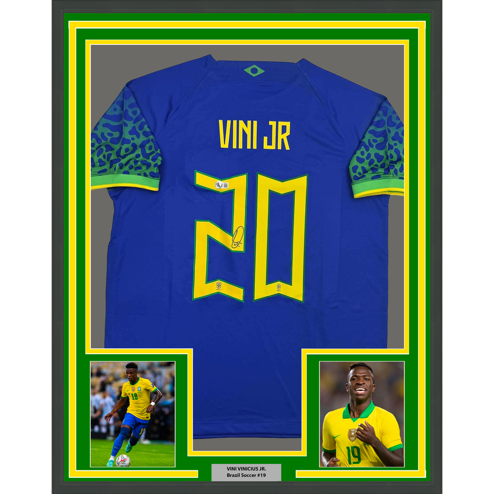 Framed Autographed/Signed Vini Vinicius Jr. 35x39 Brazil Blue Soccer Jersey Beckett BAS COA