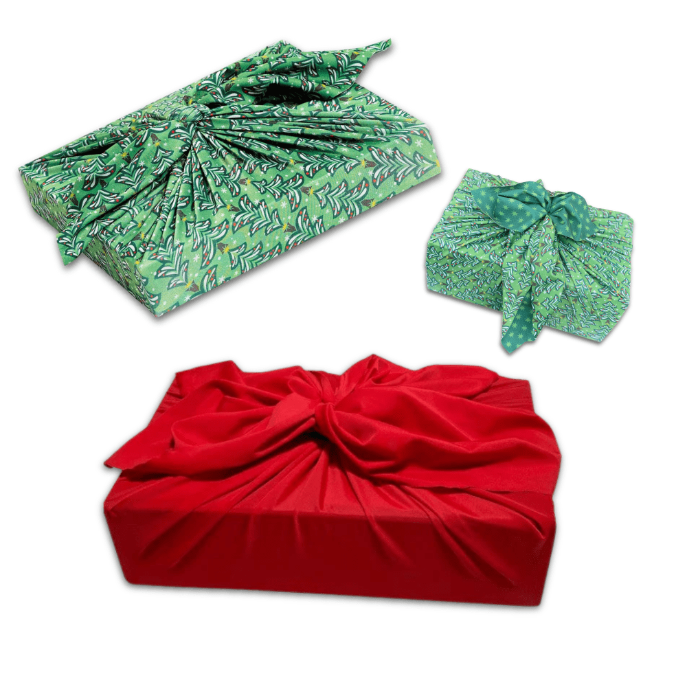 Set of 3 (S, L, XL) Reusable Cloth Furoshiki Gift Wrap | Christmas Trees & Bright Red (ONLINE ORDER ONLY)