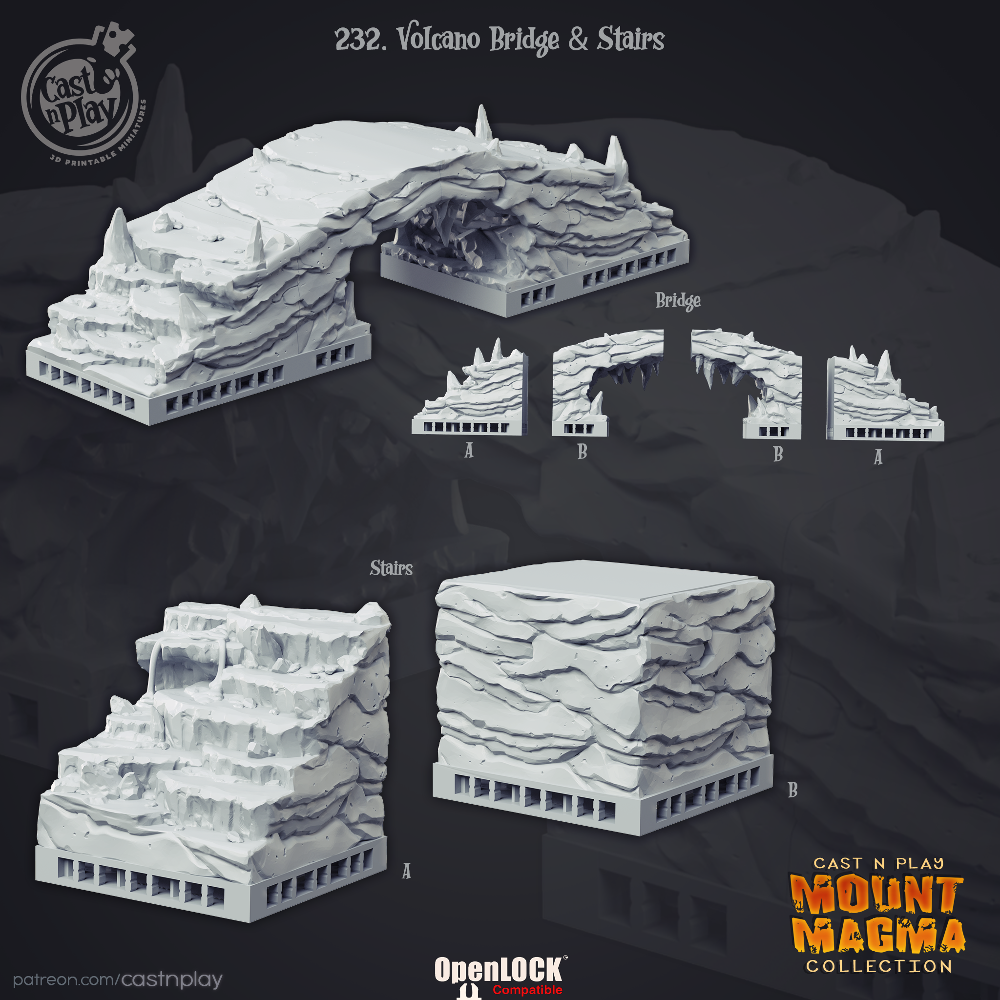 3D Printed Cast n Play Volcano Bridge and Stairs Mount Magma 28mm 32mm D&D (Online Only)