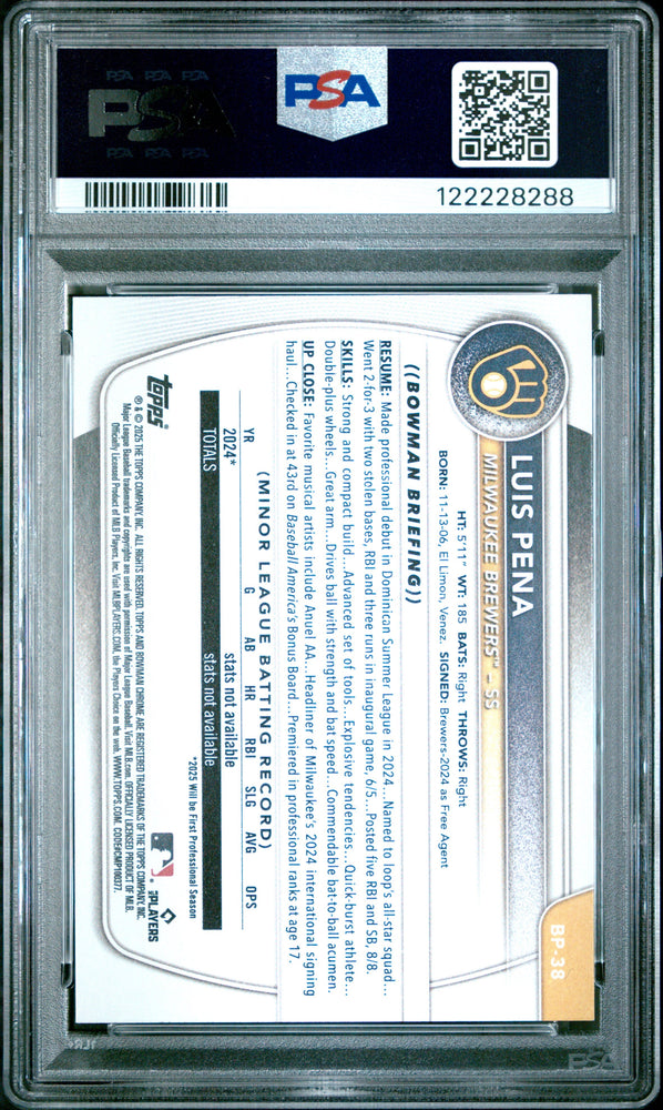 Graded 2025 Topps Bowman Luis Pena #BP38 Paper Prospects Rookie RC Baseball Card PSA 10 Gem Mint (ONLINE ORDER ONLY)