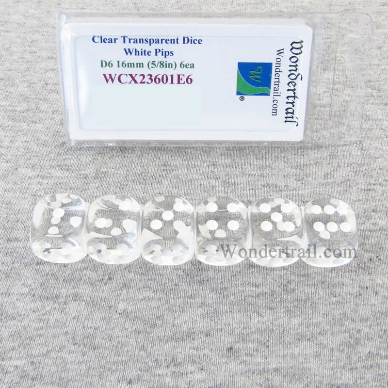 WCX23601E6 Clear Translucent Dice White Pips D6 16mm Pack of 6 (ONLINE ORDER ONLY)