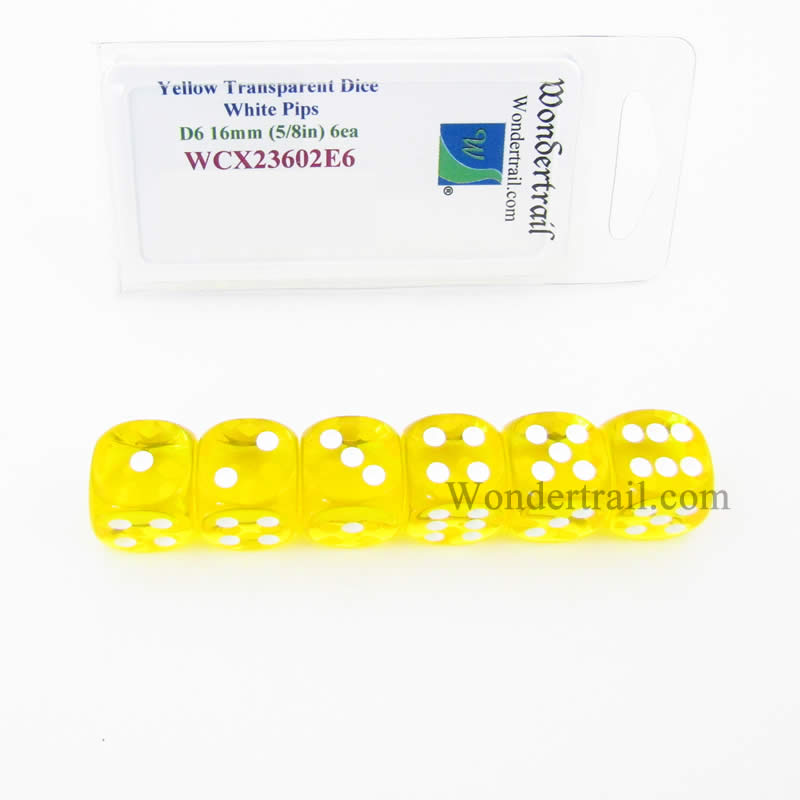 WCX23602E6 Yellow Translucent Dice White Pips D6 16mm Pack of 6 (ONLINE ORDER ONLY)