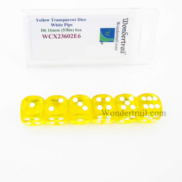 WCX23602E6 Yellow Translucent Dice White Pips D6 16mm Pack of 6 (ONLINE ORDER ONLY)