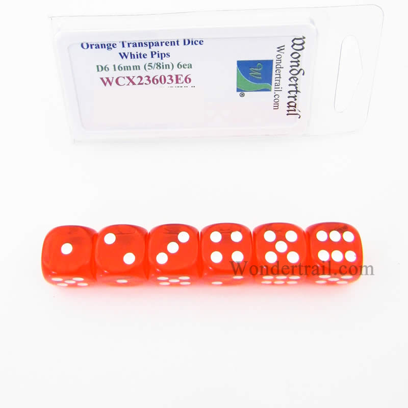 WCX23603E6 Orange Translucent Dice White Pips D6 16mm Pack of 6 (ONLINE ORDER ONLY)
