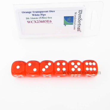WCX23603E6 Orange Translucent Dice White Pips D6 16mm Pack of 6 (ONLINE ORDER ONLY)