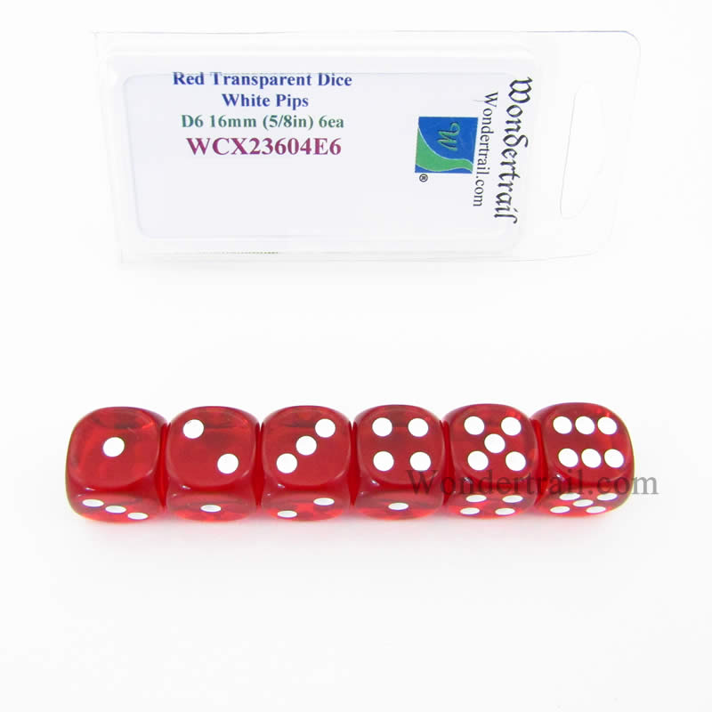 WCX23604E6 Red Translucent Dice White Pips D6 16mm Pack of 6 (ONLINE ORDER ONLY)