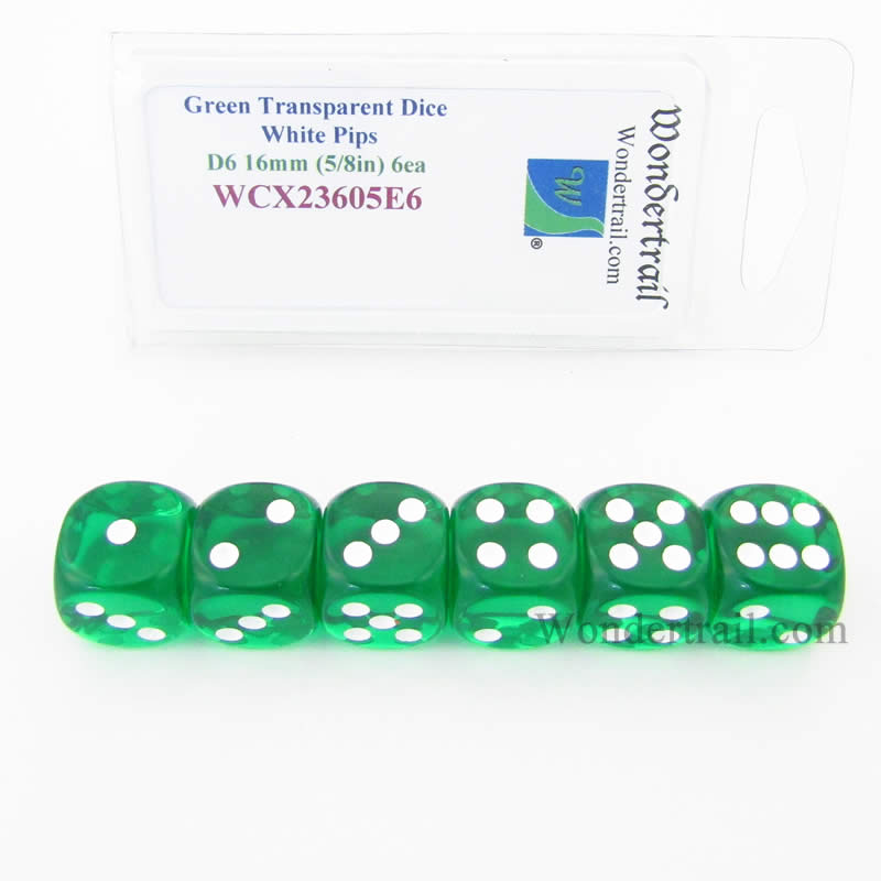 WCX23605E6 Green Translucent Dice White Pips D6 16mm Pack of 6 (ONLINE ORDER ONLY)