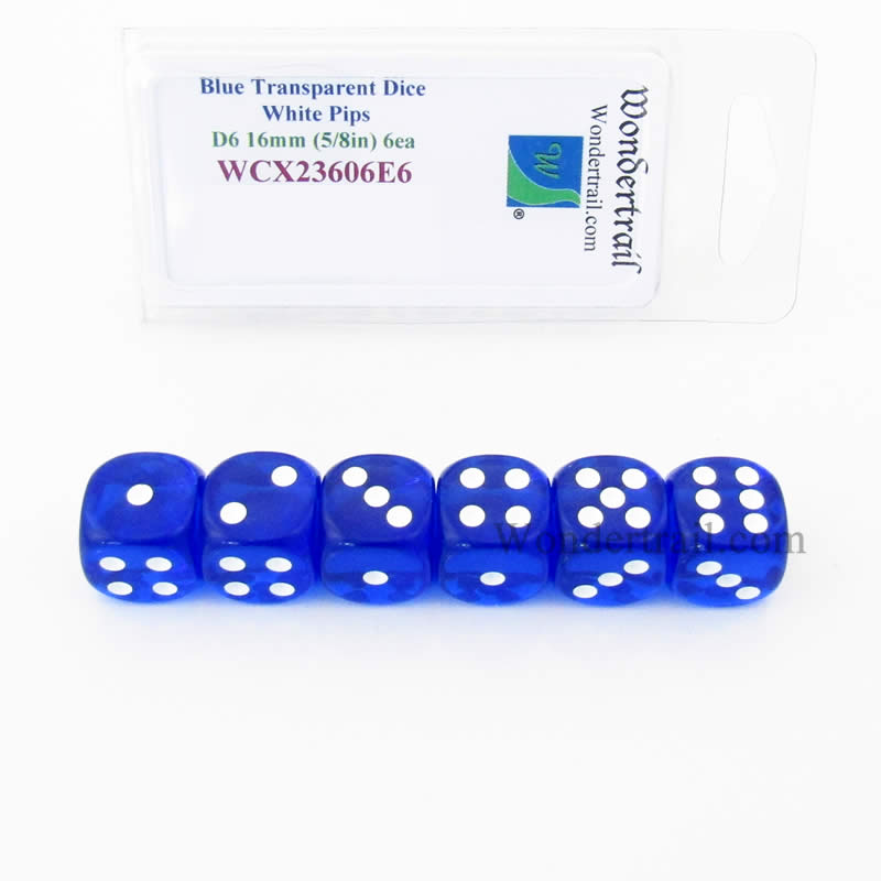 WCX23606E6 Blue Translucent Dice White Pips D6 16mm Pack of 6 (ONLINE ORDER ONLY)