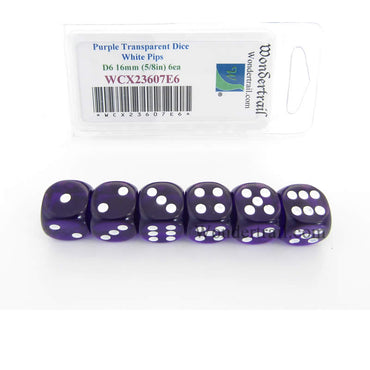 WCX23607E6 Purple Translucent Dice White Pips D6 16mm Pack of 6 (ONLINE ORDER ONLY)