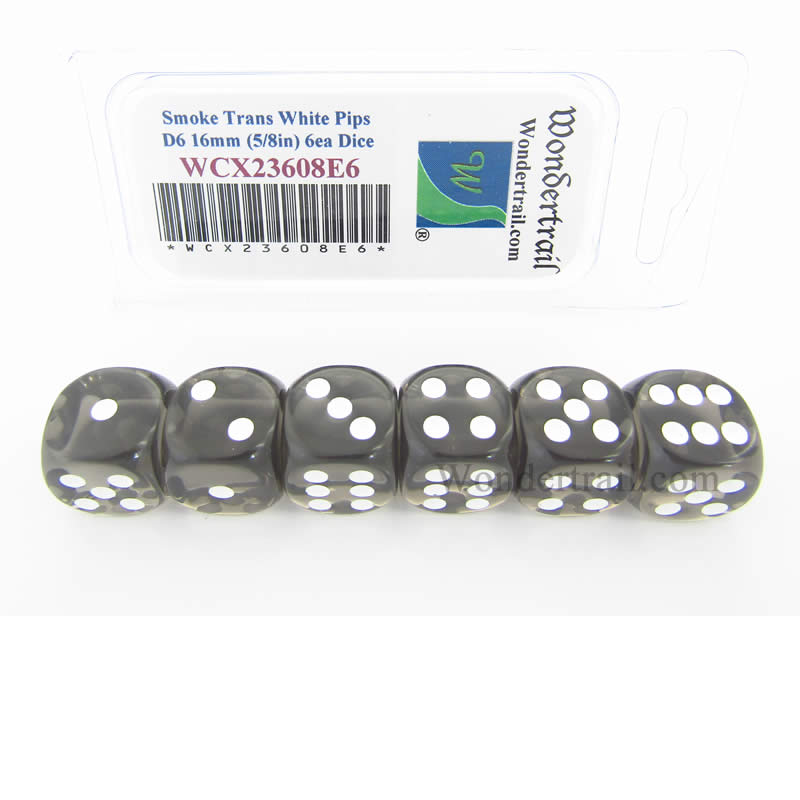 WCX23608E6 Smoke Translucent Dice White Pips D6 16mm (5/8in) Pack of 6 (ONLINE ORDER ONLY)
