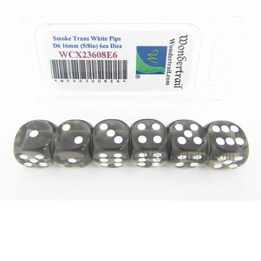 WCX23608E6 Smoke Translucent Dice White Pips D6 16mm (5/8in) Pack of 6 (ONLINE ORDER ONLY)