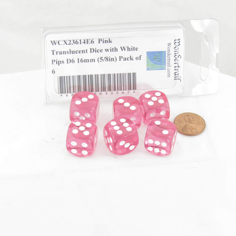 WCX23614E6 Pink Translucent Dice with White Pips D6 16mm (5/8in) Pack of 6 (ONLINE ORDER ONLY)