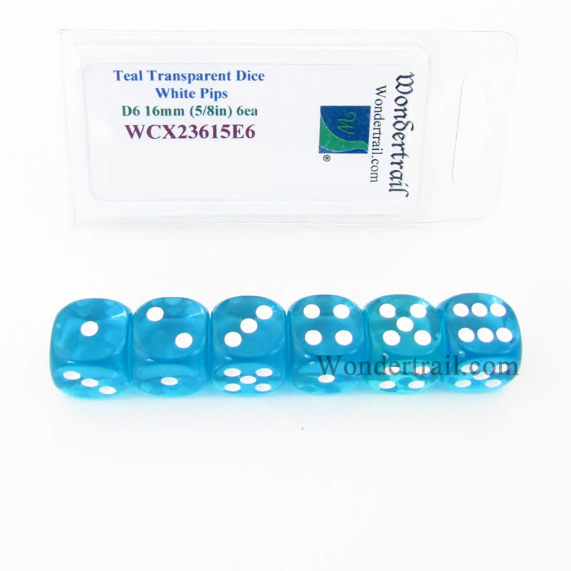 WCX23615E6 Teal Translucent Dice White Pips D6 16mm (5/8in) Pack of 6 (ONLINE ORDER ONLY)