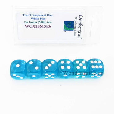 WCX23615E6 Teal Translucent Dice White Pips D6 16mm (5/8in) Pack of 6 (ONLINE ORDER ONLY)