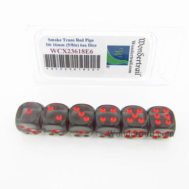WCX23618E6 Smoke Translucent Dice Red Pips D6 16mm Pack of 6 (ONLINE ORDER ONLY)