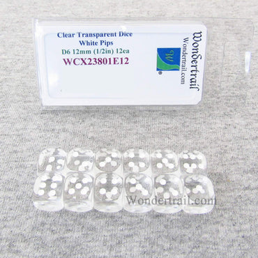 WCX23801E12 Clear Translucent Dice White Pips D6 12mm Pack of 12 (ONLINE ORDER ONLY)