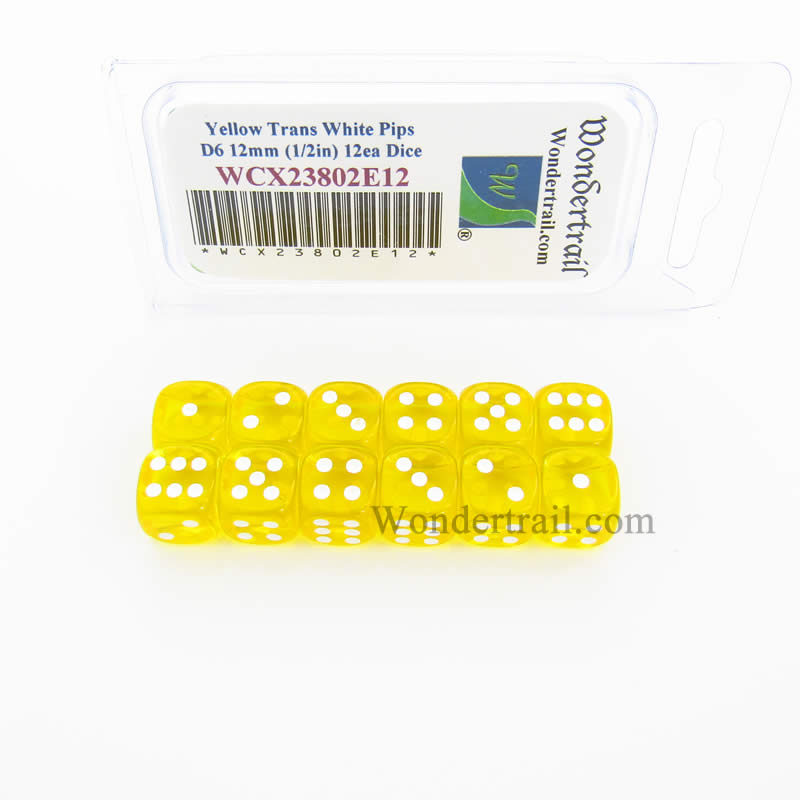 WCX23802E12 Yellow Translucent Dice White Pips D6 12mm Pack of 12 (ONLINE ORDER ONLY)