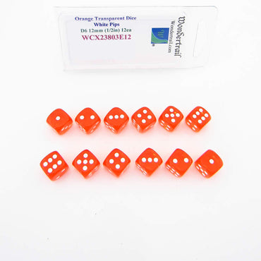 WCX23803E12 Orange Translucent Dice White Pips D6 12mm Pack of 12 (ONLINE ORDER ONLY)