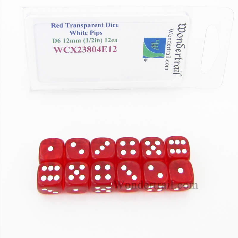WCX23804E12 Red Translucent Dice White Pips D6 12mm Pack of 12 (ONLINE ORDER ONLY)