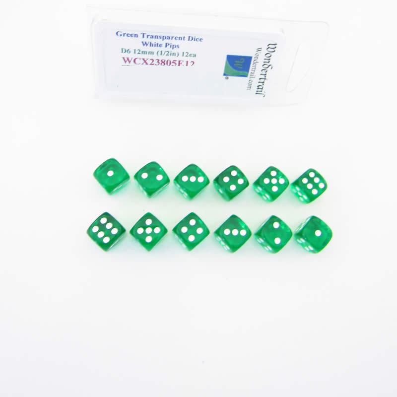 WCX23805E12 Green Translucent Dice White Pips D6 12mm Pack of 12 (ONLINE ORDER ONLY)