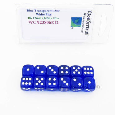 WCX23806E12 Blue Translucent Dice White Pips D6 12mm Pack of 12 (ONLINE ORDER ONLY)