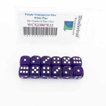 WCX23807E12 Purple Translucent Dice White Pips D6 12mm Pack of 12 (ONLINE ORDER ONLY)
