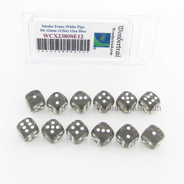 WCX23808E12 Smoke Translucent Dice White Pips D6 12mm Pack of 12 (ONLINE ORDER ONLY)