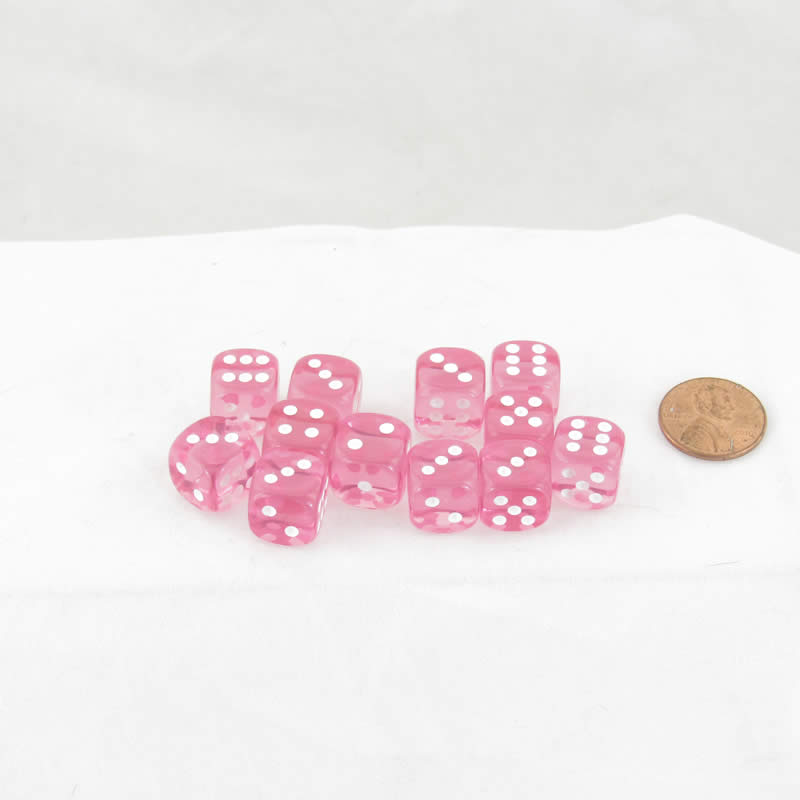 WCX23814E12 Pink Translucent Dice with White Pips D6 12mm (1/2in) Pack of 12 (ONLINE ORDER ONLY)