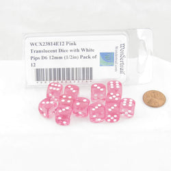 WCX23814E12 Pink Translucent Dice with White Pips D6 12mm (1/2in) Pack of 12 (ONLINE ORDER ONLY)
