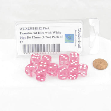 WCX23814E12 Pink Translucent Dice with White Pips D6 12mm (1/2in) Pack of 12 (ONLINE ORDER ONLY)