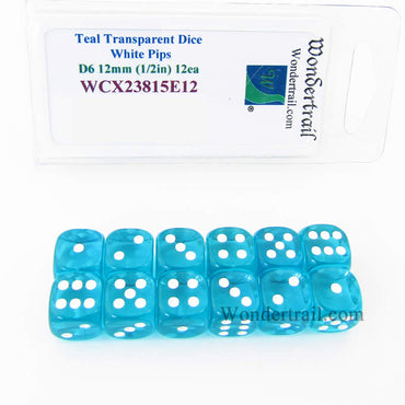 WCX23815E12 Teal Translucent Dice White Pips D6 12mm Pack of 12 (ONLINE ORDER ONLY)