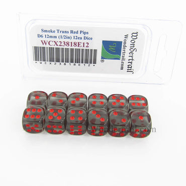 WCX23818E12 Smoke Translucent Dice Red Pips D6 12mm Pack of 12 (ONLINE ORDER ONLY)