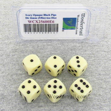 WCX25600E6 Ivory Opaque Dice Black Pips D6 16mm Pack of 6 (ONLINE ORDER ONLY)