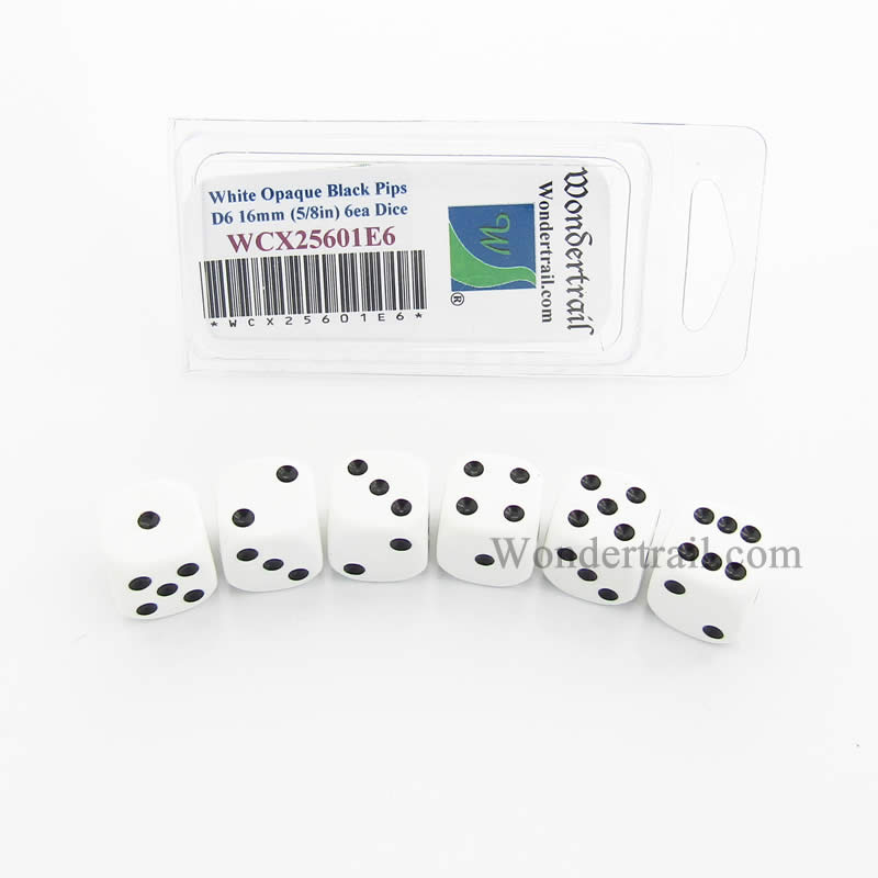 WCX25601E6 White Opaque Dice Black Pips D6 16mm Pack of 6 (ONLINE ORDER ONLY)