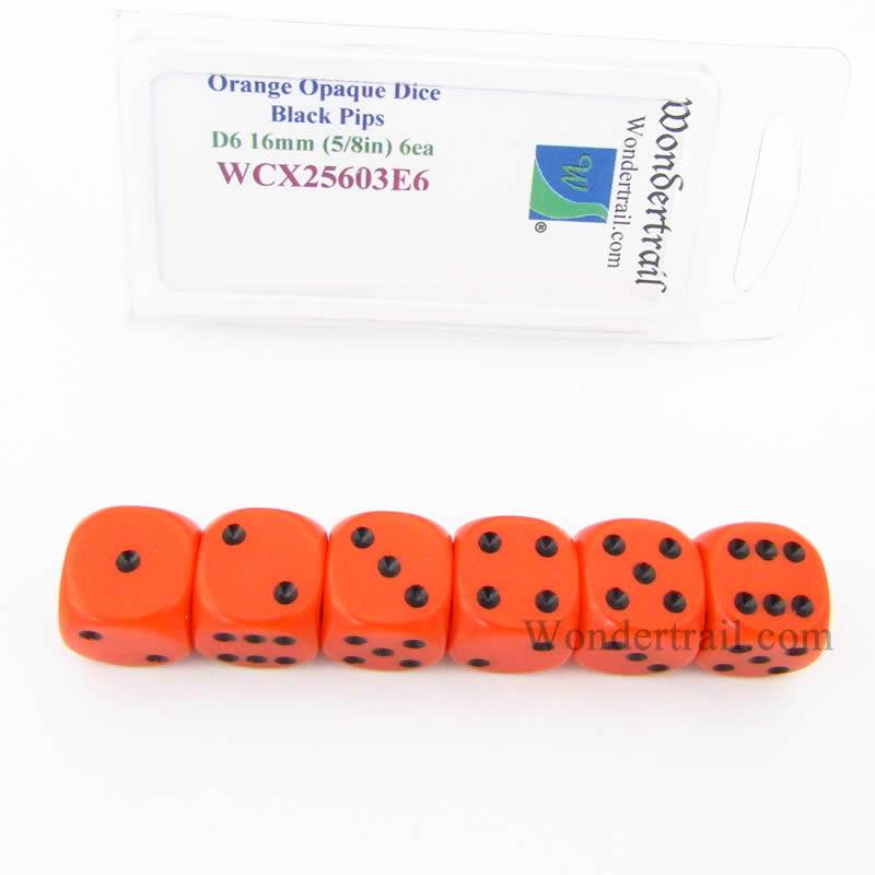 WCX25603E6 Orange Opaque Dice Black Pips D6 16mm Pack of 6 (ONLINE ORDER ONLY)