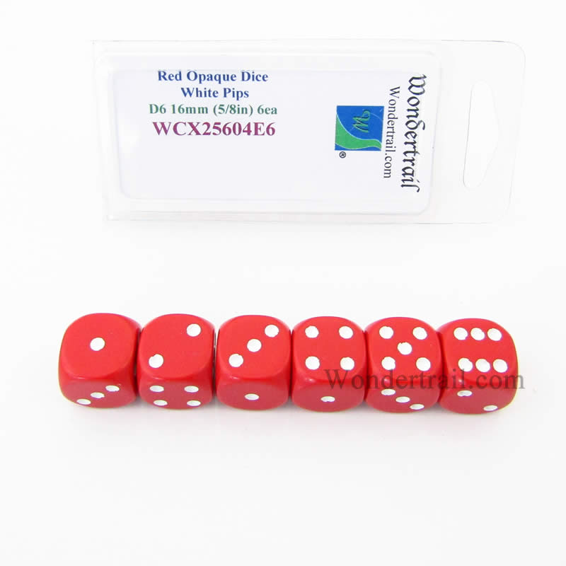 WCX25604E6 Red Opaque Dice White Pips D6 16mm Pack of 6 (ONLINE ORDER ONLY)