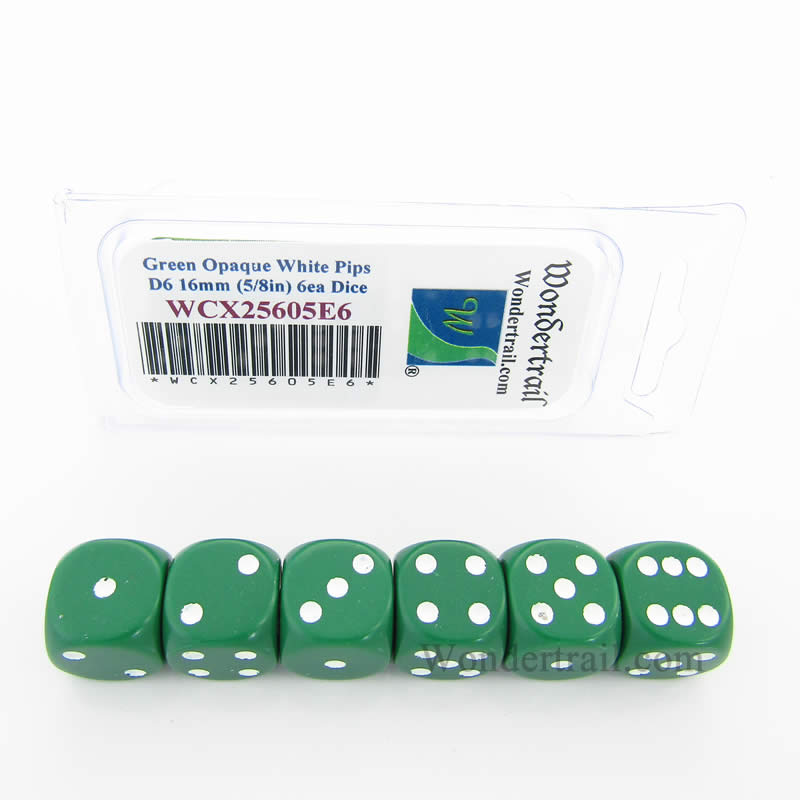 WCX25605E6 Green Opaque Dice White Pips D6 16mm Pack of 6 (ONLINE ORDER ONLY)