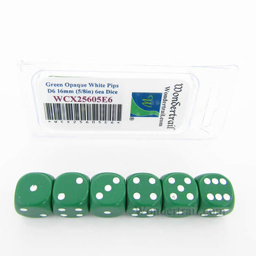 WCX25605E6 Green Opaque Dice White Pips D6 16mm Pack of 6 (ONLINE ORDER ONLY)