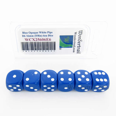 WCX25606E6 Blue Opaque Dice White Pips D6 16mm (5/8in) Pack of 6 (ONLINE ORDER ONLY)