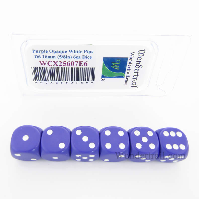 WCX25607E6 Purple Opaque Dice White Pips D6 16mm Pack of 6 (ONLINE ORDER ONLY)