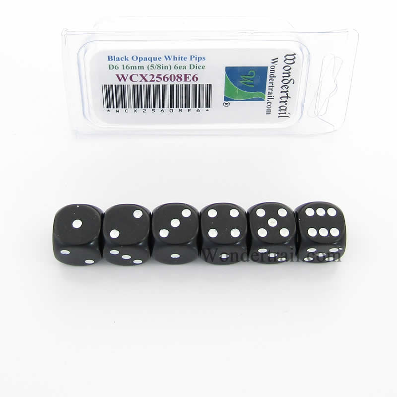 WCX25608E6 Black Opaque Dice White Pips D6 16mm Pack of 6 (ONLINE ORDER ONLY)